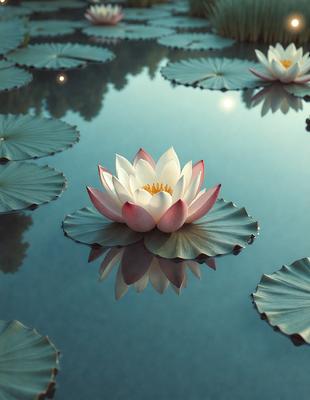 The primary subject of the image is a white flower floating on top of a body of water, surrounded by a few other flowers. The setting is a serene pond or lake, with the water reflecting the flowers and creating a peaceful atmosphere. The visual style is a combination of photo and digital art, as the flower appears to be a real flower, but the overall composition and arrangement of the flowers are digitally created. The colors and mood of the image are predominantly calm and serene, with the white flower and the